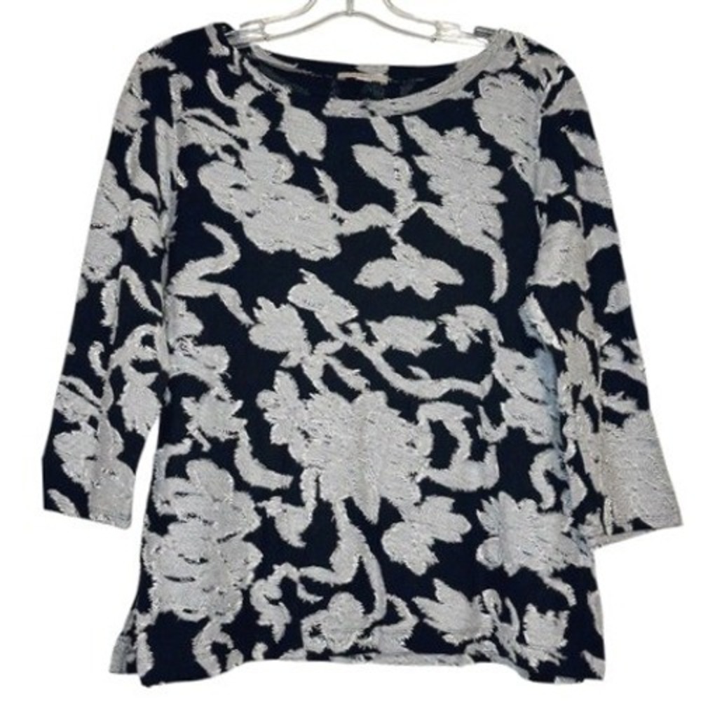 Loft Outlet Floral Top Women Black White 3/4 Sleeve Eyelash Knit Feminine Chic M